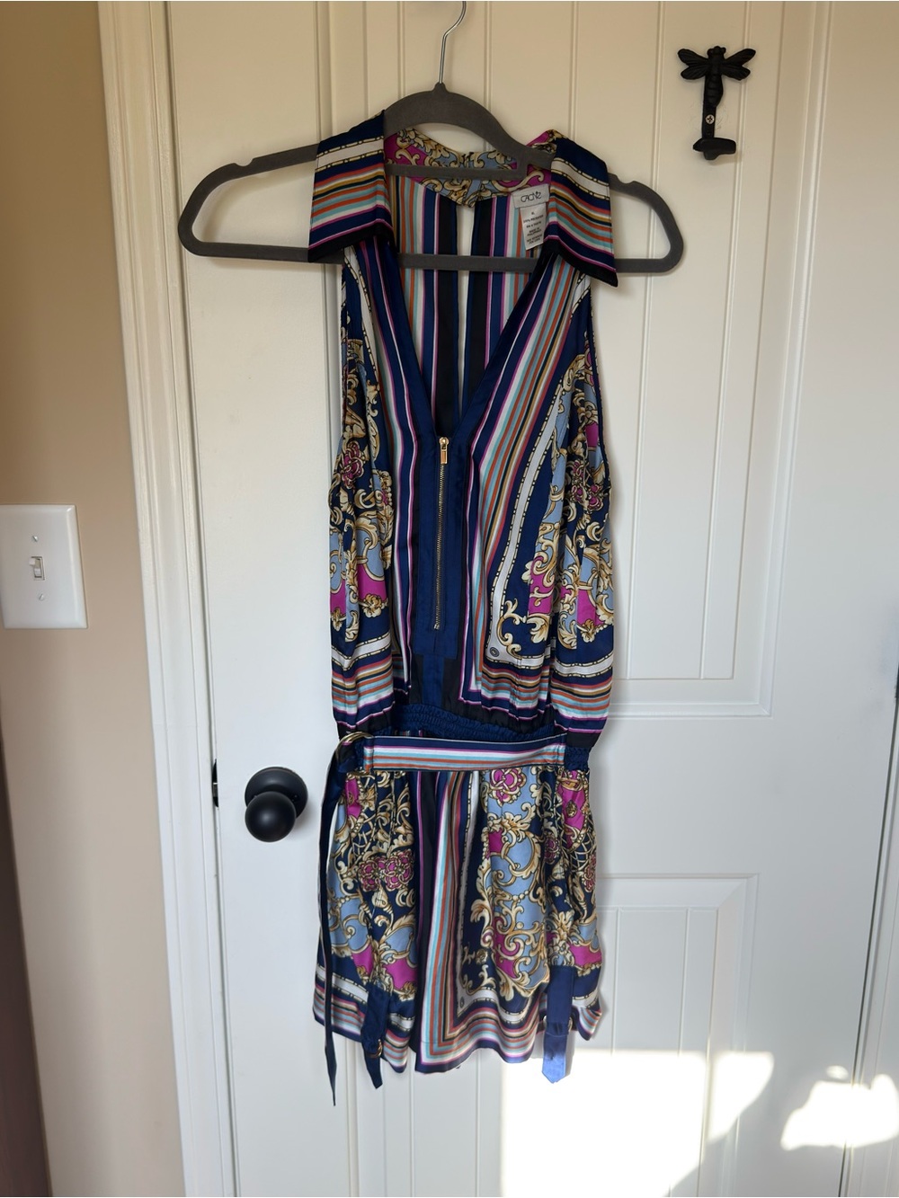 Cache Navy & Pink Striped Baroque Print Sleeveless Mini Dress